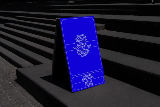 Blue outdoor advertising mockup A-board on urban steps, high-resolution designer toolkit, realistic template, editable graphic design display.